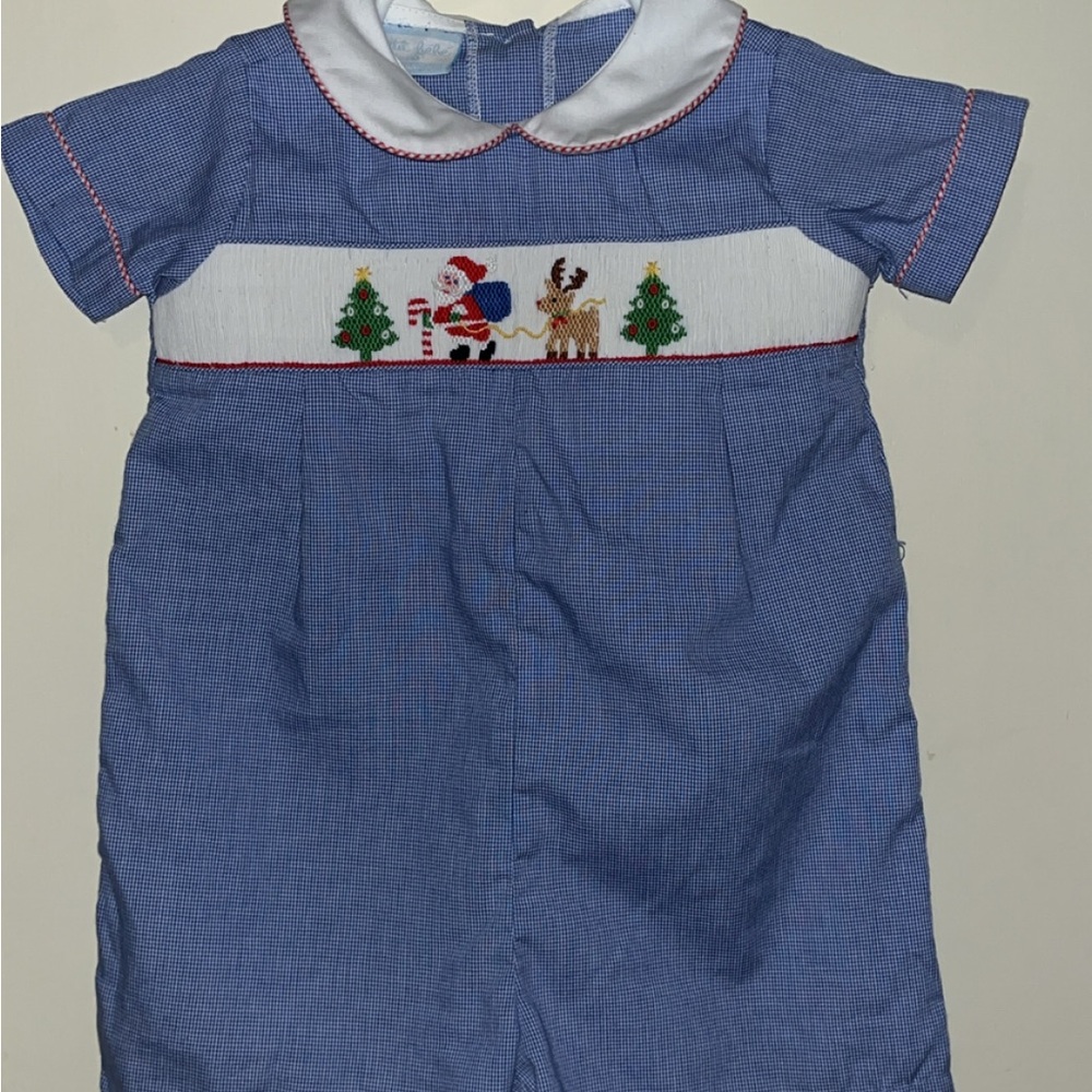 Petit Bebe Smocked  Holiday Romper with Santa and Reindeer Embroidery